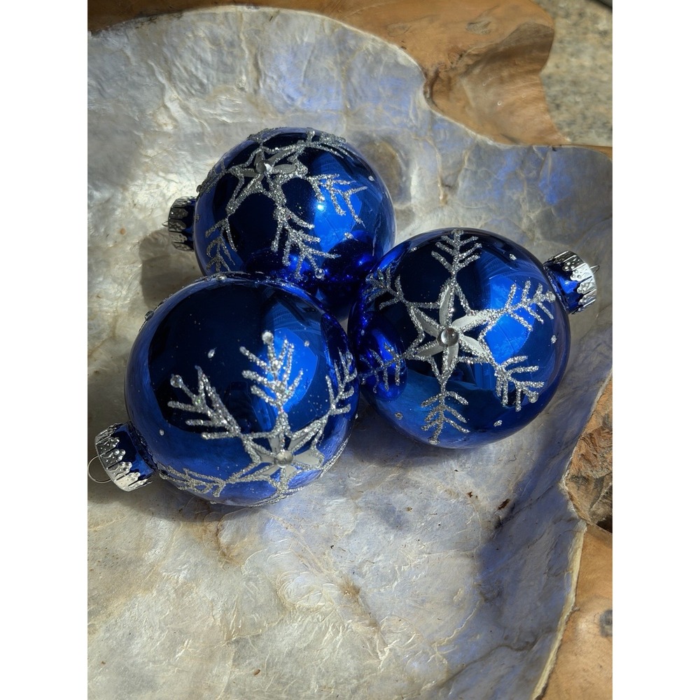 Vintage G&D Blue Glass Christmas Ornaments Silver Snowflake Set of 3